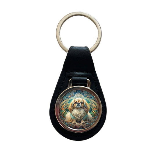 Pekingese Dog Art Nouveau Black Leather Metal Keychain