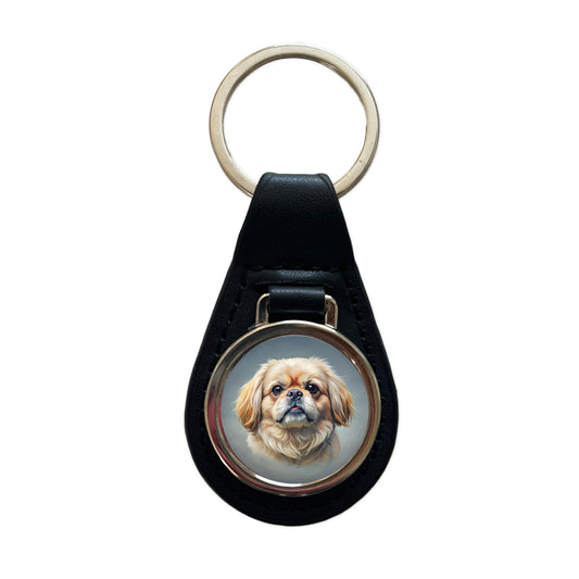 Pekingese Dog Illustration Black Leather Metal Keychain