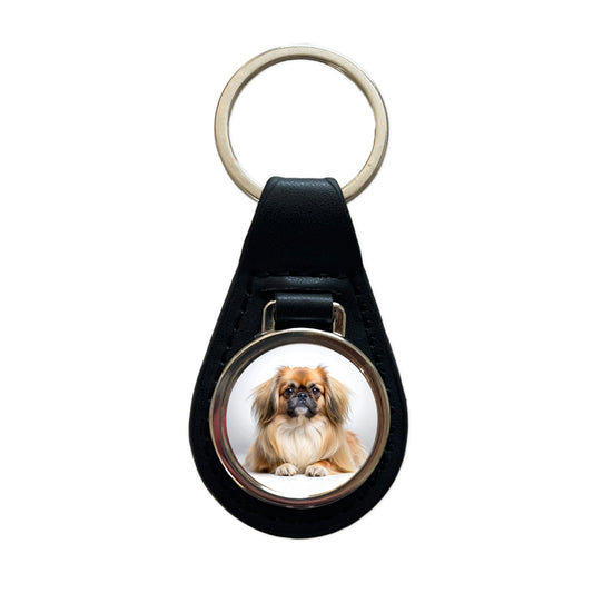 Pekingese Dog Photo Black Leather Metal Keychain