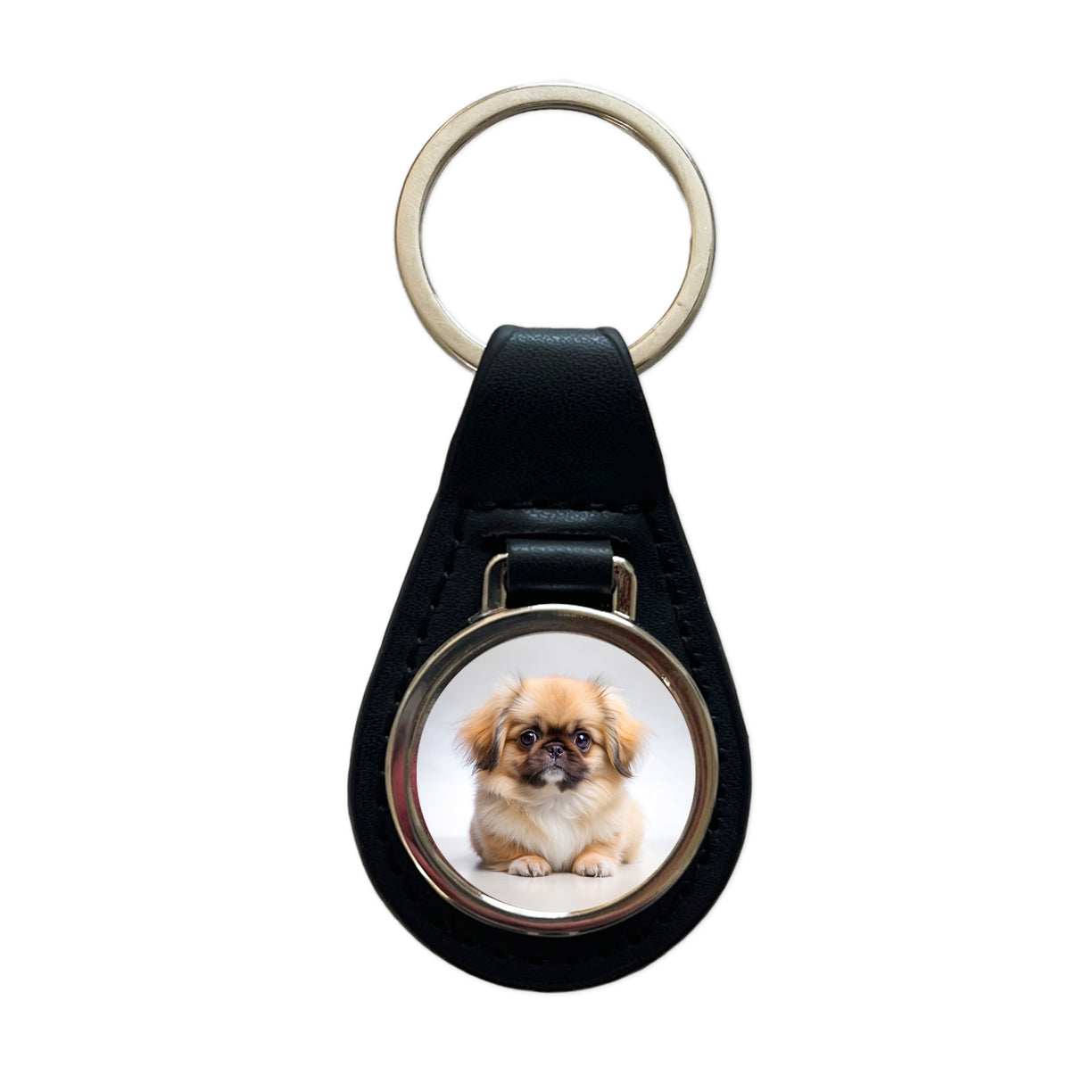 Pekingese Dog Puppy Photo Black Leather Metal Keychain