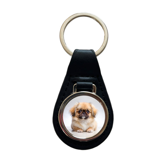 Pekingese Dog Puppy Photo Black Leather Metal Keychain
