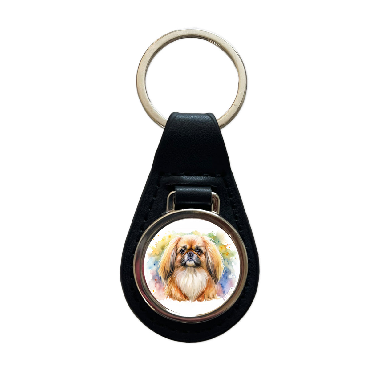 Pekingese Dog Watercolor Style Black Leather Metal Keychain