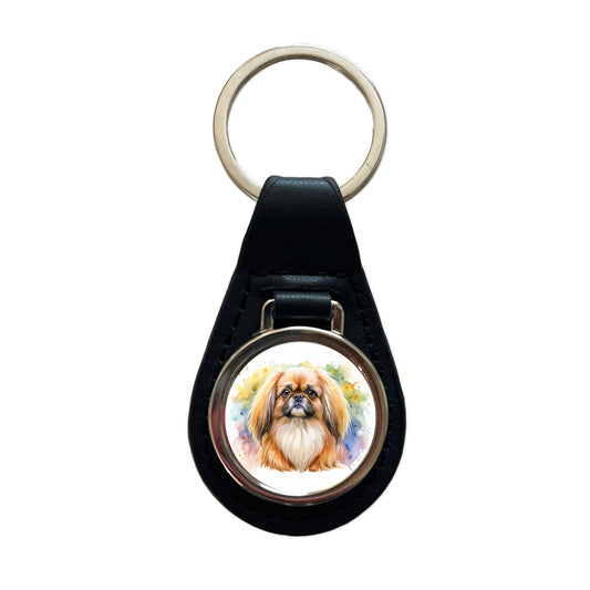 Pekingese Dog Watercolor Style Black Leather Metal Keychain