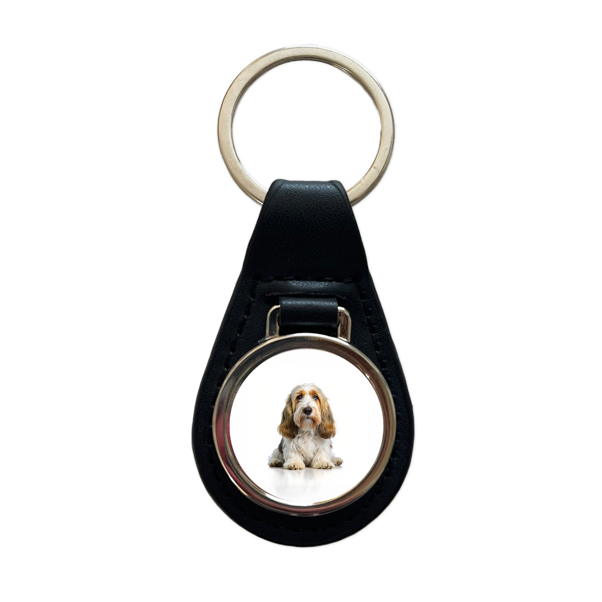 Petit Basset Griffon Vendeen Dog Photo Black Leather Metal Keychain