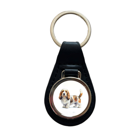 Petit Basset Griffon Vendeen Dog Watercolor Style Black Leather Metal Keychain
