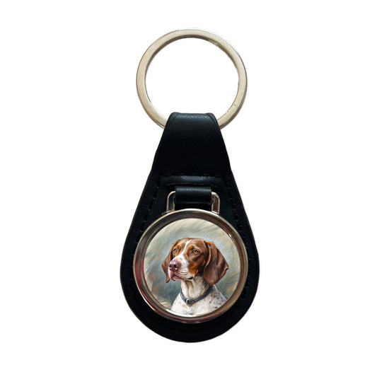 Pointer Dog Illustration Black Leather Metal Keychain