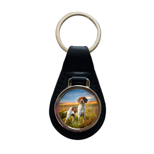 Pointer Dog Photo Black Leather Metal Keychain