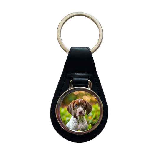 Pointer Dog Puppy Photo Black Leather Metal Keychain