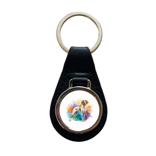 Pointer Dog Watercolor Style Black Leather Metal Keychain
