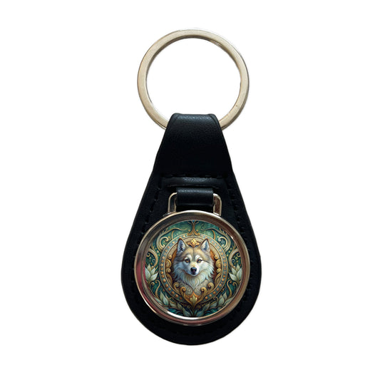 Pomsky Dog Art Nouveau Black Leather Metal Keychain