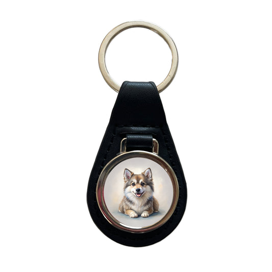 Pomsky Dog Illustration Black Leather Metal Keychain