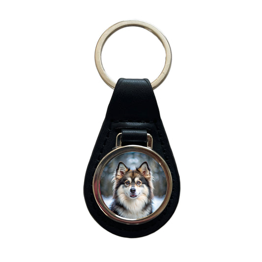 Pomsky Dog Photo Black Leather Metal Keychain