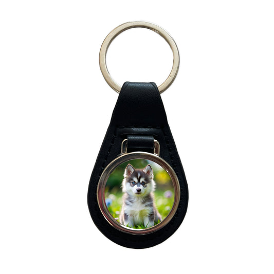 Pomsky Dog Puppy Photo Black Leather Metal Keychain