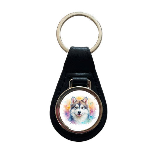 Pomsky Dog Watercolor Style Black Leather Metal Keychain