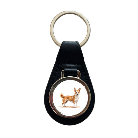 Portuguese Podengo Pequeno Dog Watercolor Style Black Leather Metal Keychain