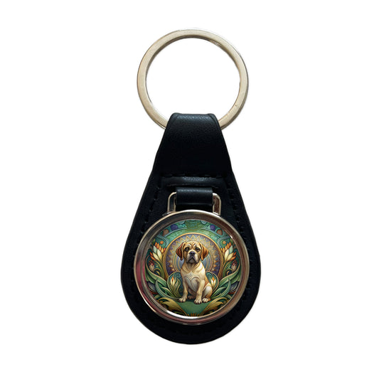 Puggle Dog Art Nouveau Black Leather Metal Keychain