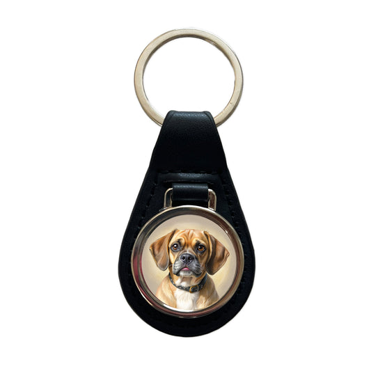 Puggle Dog Illustration Black Leather Metal Keychain