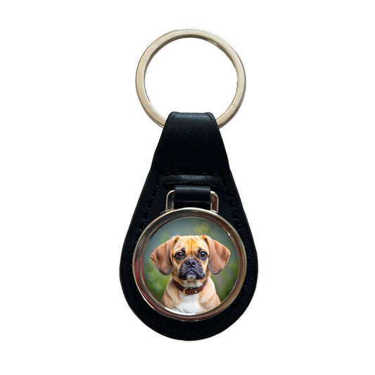 Puggle Dog Photo Black Leather Metal Keychain