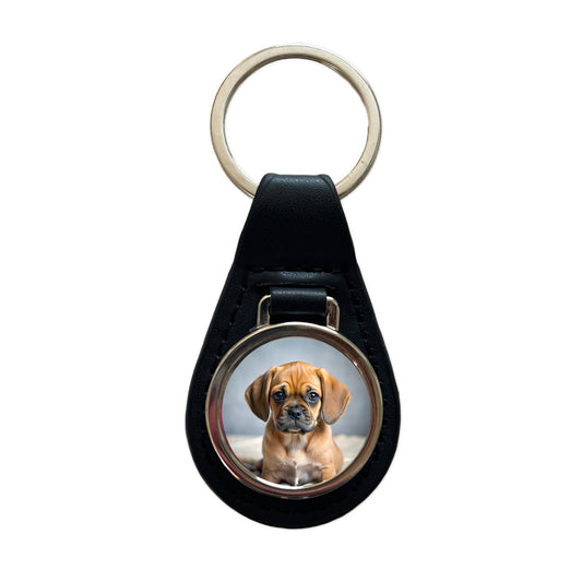 Puggle Dog Puppy Photo Black Leather Metal Keychain
