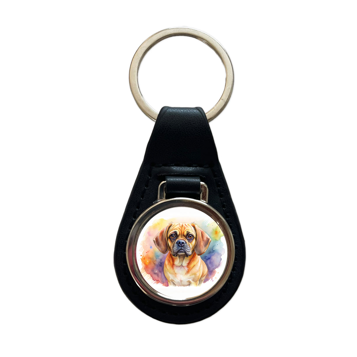 Puggle Dog Watercolor Style Black Leather Metal Keychain