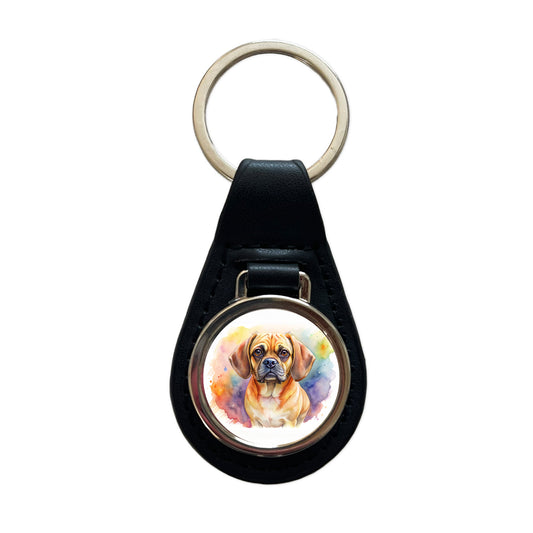 Puggle Dog Watercolor Style Black Leather Metal Keychain