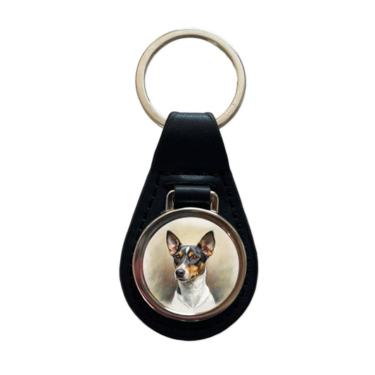 Rat Terrier Dog Illustration Black Leather Metal Keychain