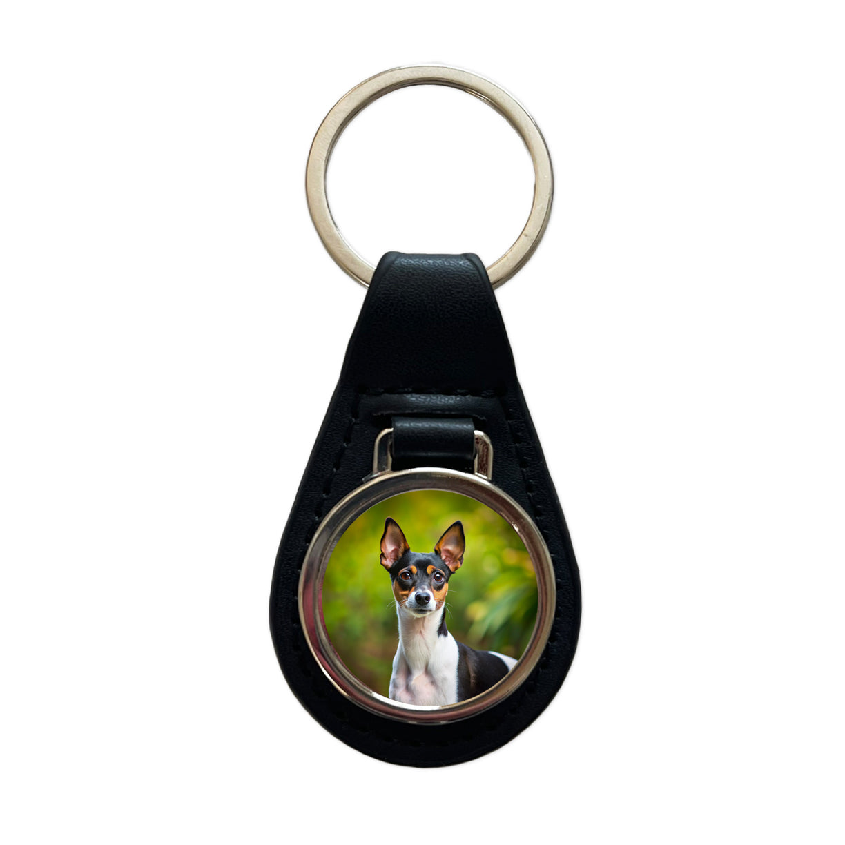 Rat Terrier Dog Photo Black Leather Metal Keychain