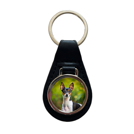 Rat Terrier Dog Photo Black Leather Metal Keychain
