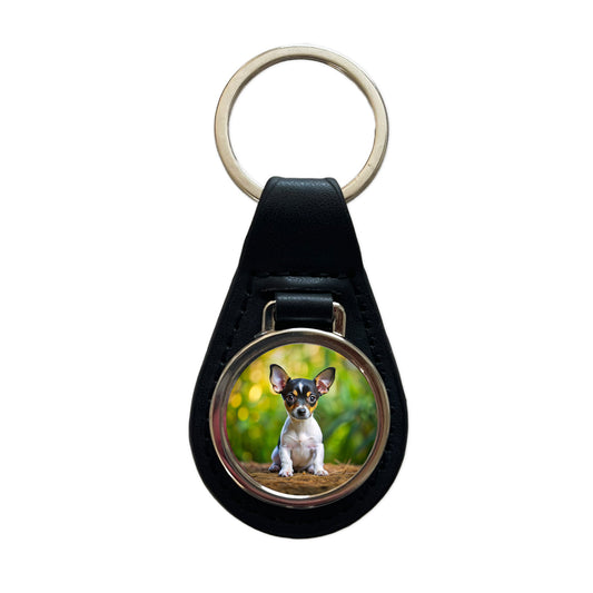 Rat Terrier Dog Puppy Photo Black Leather Metal Keychain