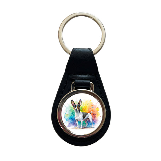 Rat Terrier Dog Watercolor Style Black Leather Metal Keychain