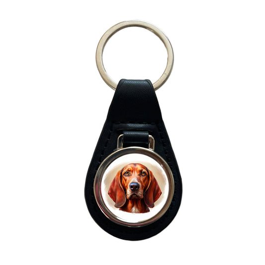 Redbone Coonhound Dog Illustration Black Leather Metal Keychain