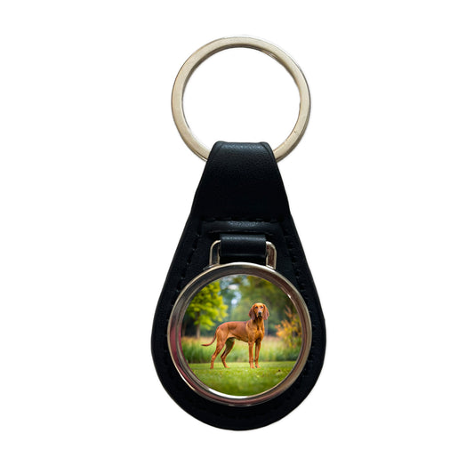 Redbone Coonhound Dog Photo Black Leather Metal Keychain