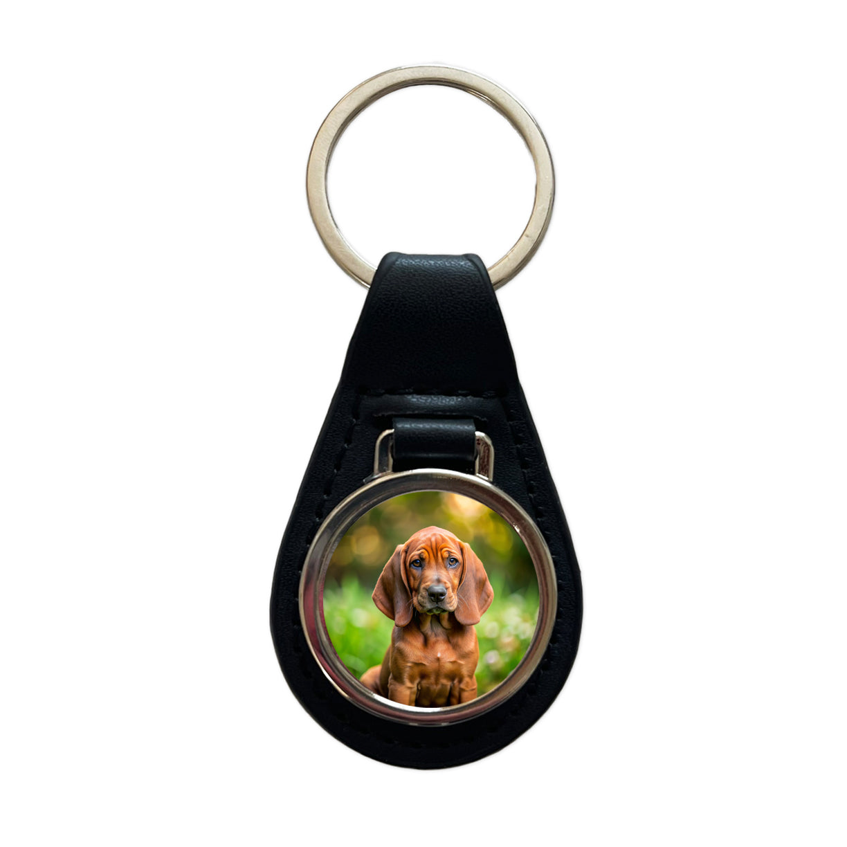 Redbone Coonhound Dog Puppy Photo Black Leather Metal Keychain
