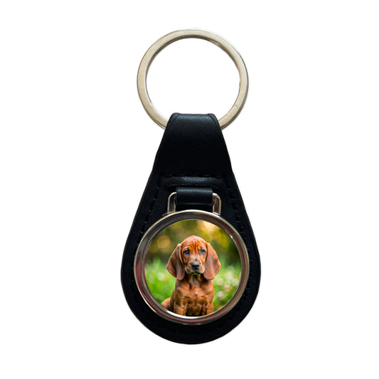 Redbone Coonhound Dog Puppy Photo Black Leather Metal Keychain