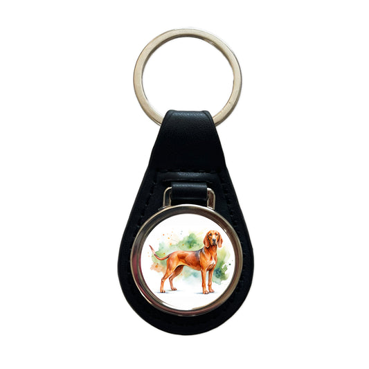 Redbone Coonhound Dog Watercolor Style Black Leather Metal Keychain
