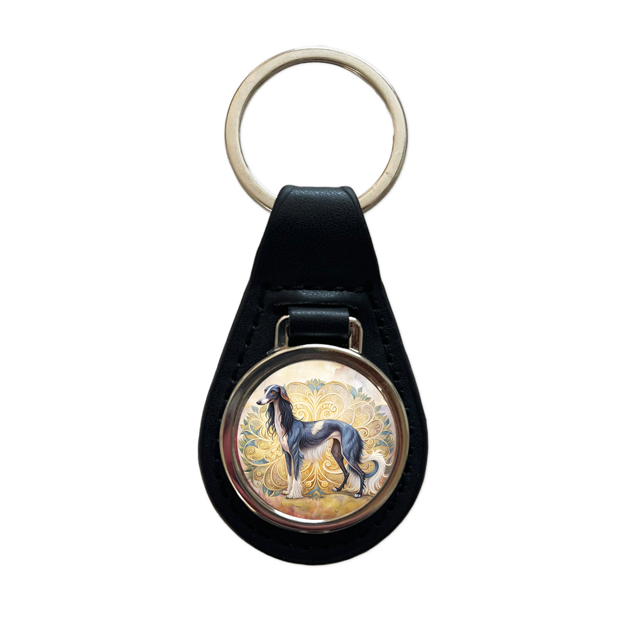 Saluki Dog Art Nouveau Black Leather Metal Keychain