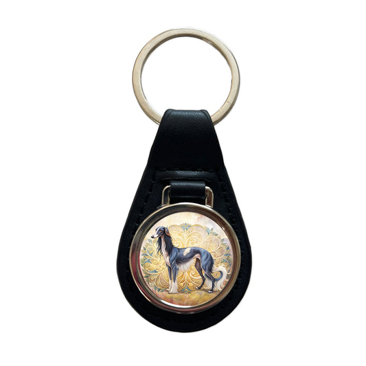 Saluki Dog Art Nouveau Black Leather Metal Keychain