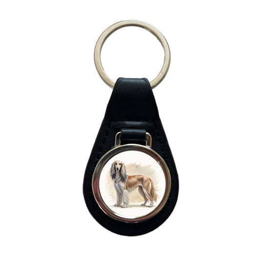 Saluki Dog Illustration Black Leather Metal Keychain