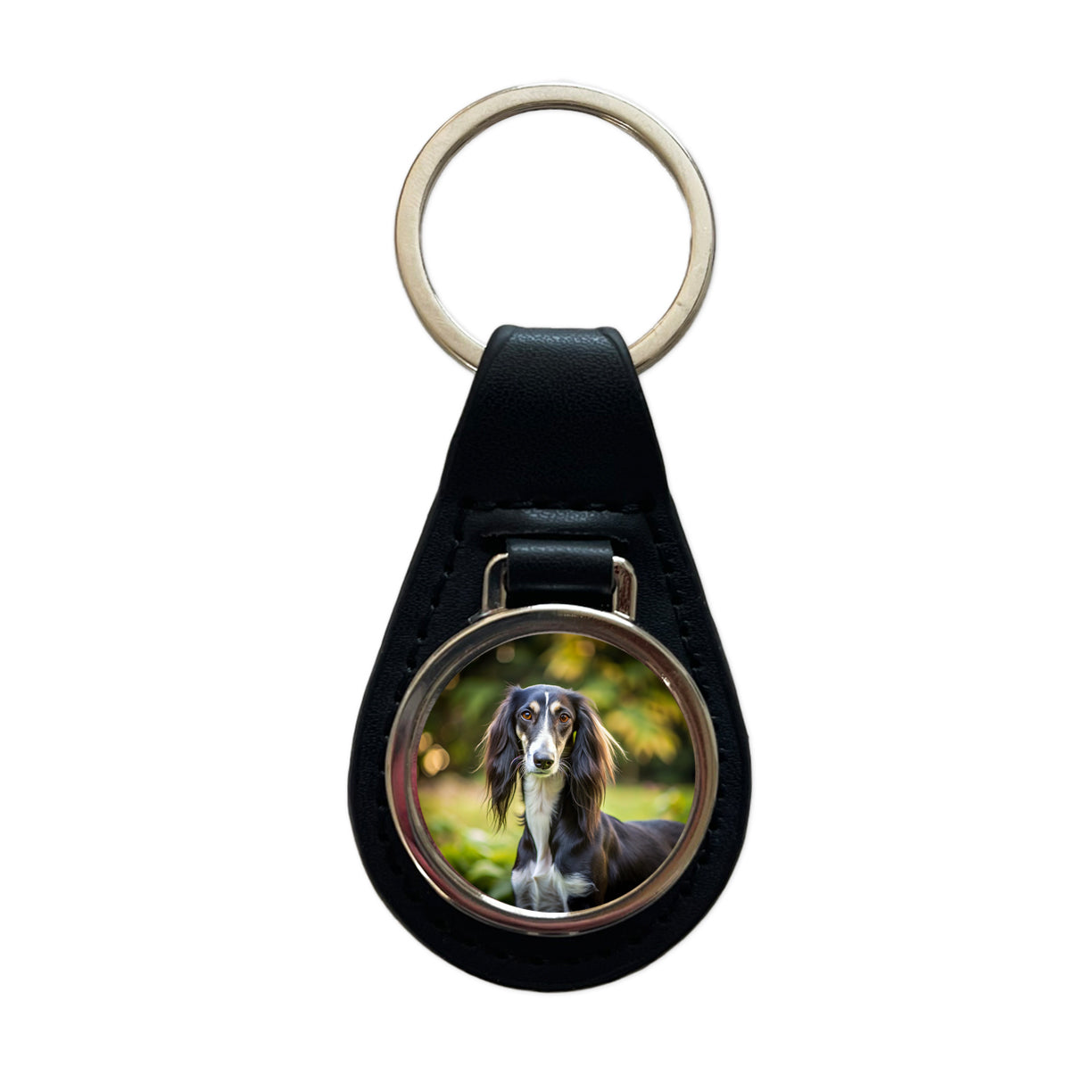 Saluki Dog Photo Black Leather Metal Keychain