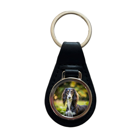 Saluki Dog Photo Black Leather Metal Keychain