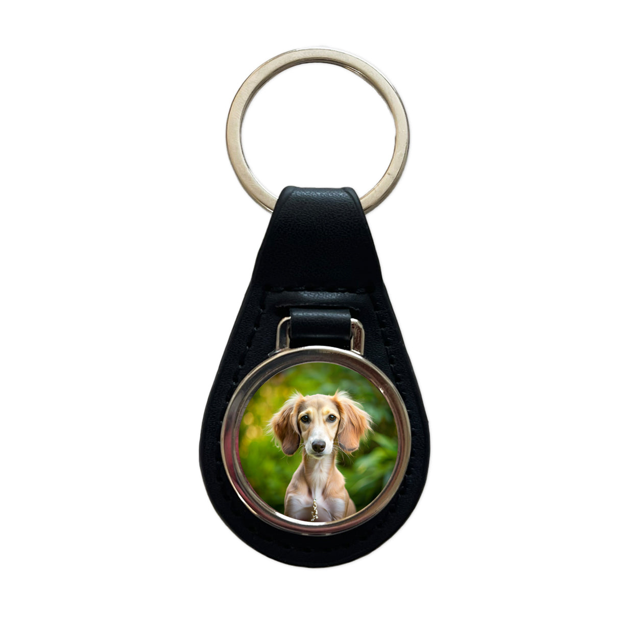 Saluki Dog Puppy Photo Black Leather Metal Keychain