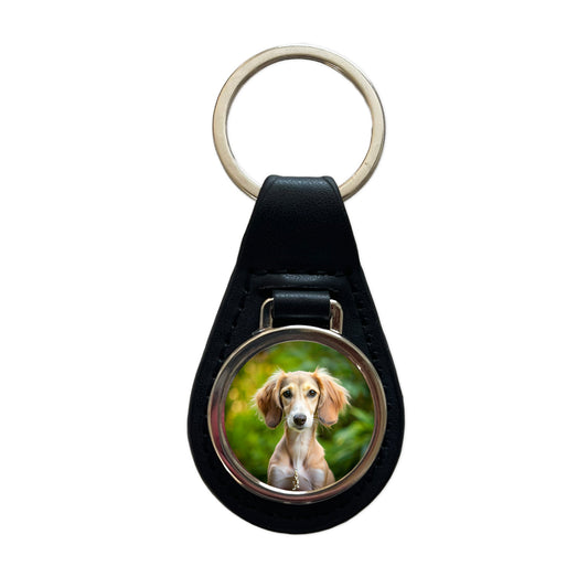 Saluki Dog Puppy Photo Black Leather Metal Keychain