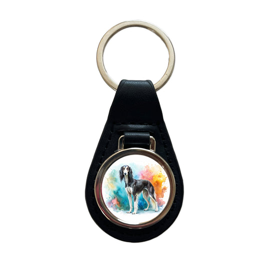 Saluki Dog Watercolor Style Black Leather Metal Keychain