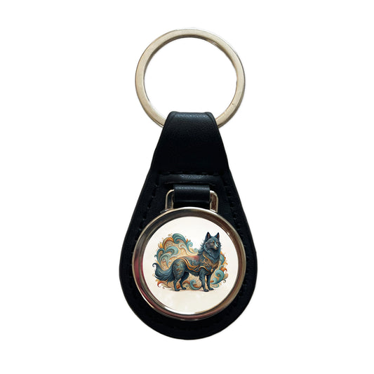 Schipperke Dog Art Nouveau Black Leather Metal Keychain