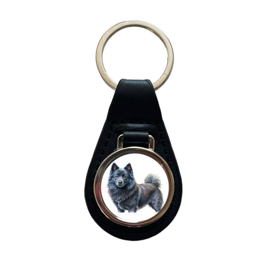 Schipperke Dog Illustration Black Leather Metal Keychain