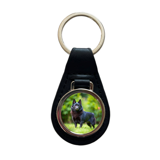 Schipperke Dog Photo Black Leather Metal Keychain