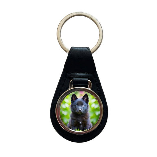 Schipperke Dog Puppy Photo Black Leather Metal Keychain