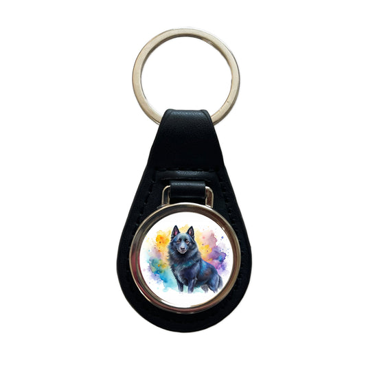 Schipperke Dog Watercolor Style Black Leather Metal Keychain