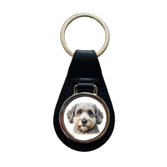 Schnoodle Dog Illustration Black Leather Metal Keychain