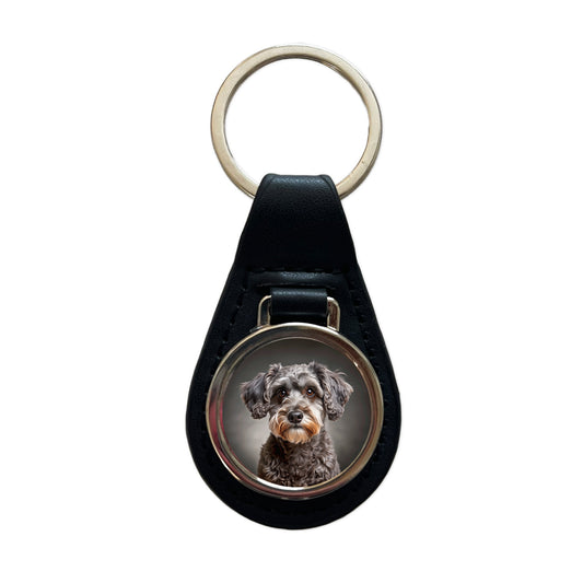 Schnoodle Dog Photo Black Leather Metal Keychain